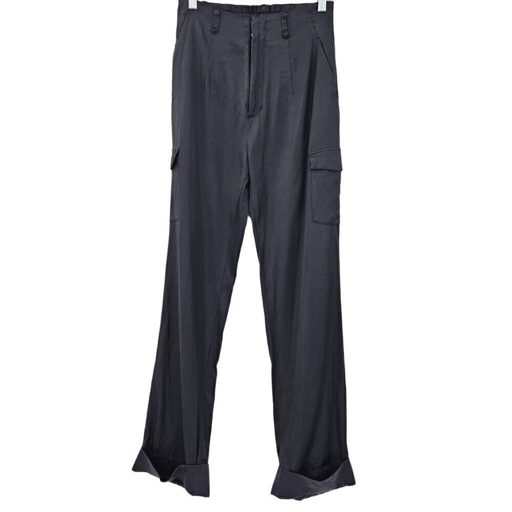 Elaine Kim Satin Utility Cargo Pant Black Women's Size P XS High Rise Athleisure